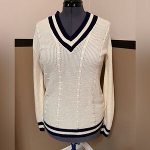 VTG Sweater L Ivory Cable Knit Academia Preppy Nautical USA Cricket Tennis Sport